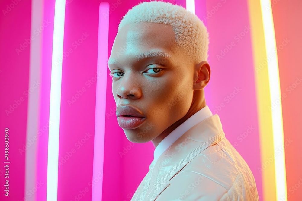 Portrait of a Young Man with Blonde Hair Against Neon Lights Portrait of a Young Man with Blonde Hair Against Neon Lights