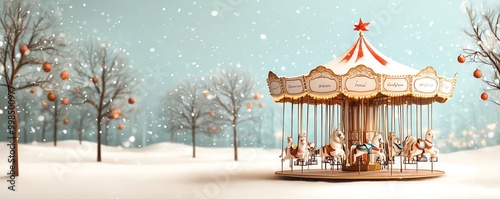 Colorful carousel in winter wonderland scene