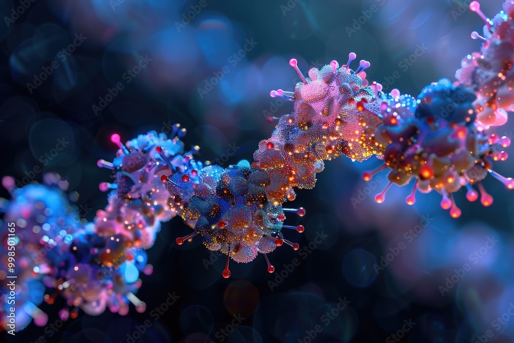Naklejka premium Abstract 3D rendering of a colorful DNA strand with glowing particles. Perfect for science, biology, or genetics concepts.
