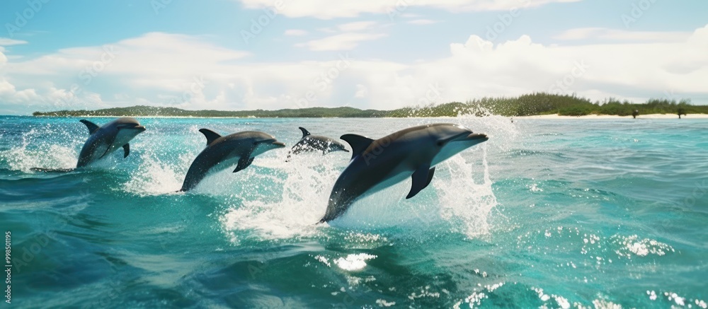 Naklejka premium Dolphins Leaping Through Turquoise Waters