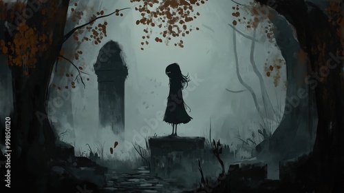 A dark and melancholic illustration featuring the eerie silhouette of a girl in a foggy, haunted forest with creepy atmosphere.