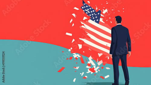 A businessman throwing away a torn trade agreement, with national flags in the background, failed trade deal, economic conflict  photo