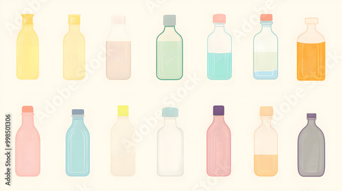 Simple pastel bottle set of icons with smooth lines and soft colors isolated on a plain background