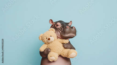 Baby hippo cuddling a teddy bear photo