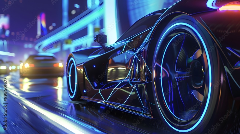 A futuristic car is racing down a track with a bright blue light trailing it. The car is surrounded by a neon glow, giving the scene a futuristic and exciting atmosphere