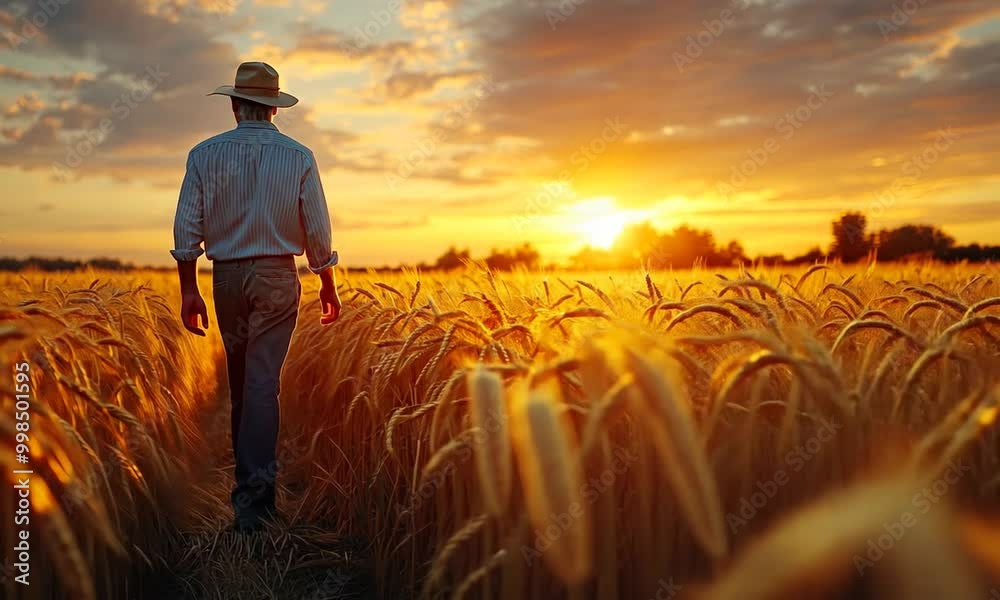 A farmer walks through a golden wheat field at sunset. A farmer walks through a golden wheat field at sunset.