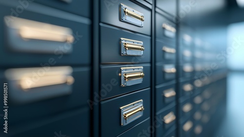 Close-up of a modern filing cabinet with elegant gold handles, showcasing organized drawers in a sleek office environment.