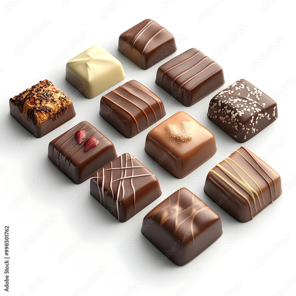 Artfully Arranged Gourmet Chocolate Assortment on Clean White Background Artfully Arranged Gourmet Chocolate Assortment on Clean White Background