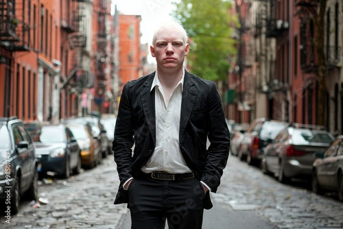 Albino Man in a Black Suit Standing in a City Street