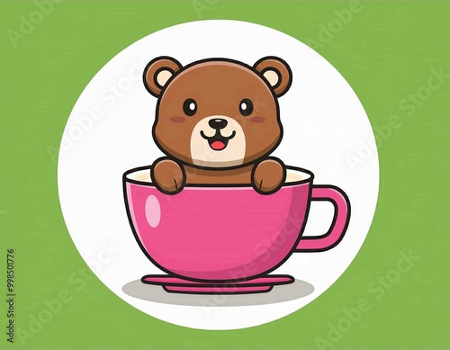 Cute bear cartoon character in a cup of coffee logo 3d illustration