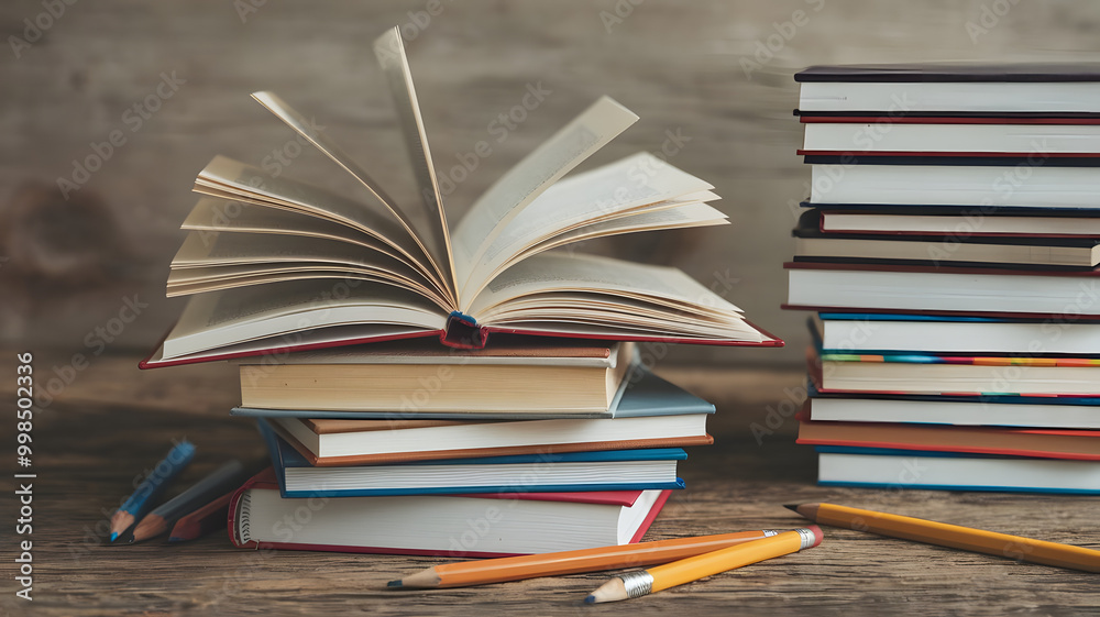 A stack of open books with pencils and notebooks, symbolizing education as a tool to break the cycle of poverty. A stack of open books with pencils and notebooks, symbolizing education as a tool to break the cycle of poverty.