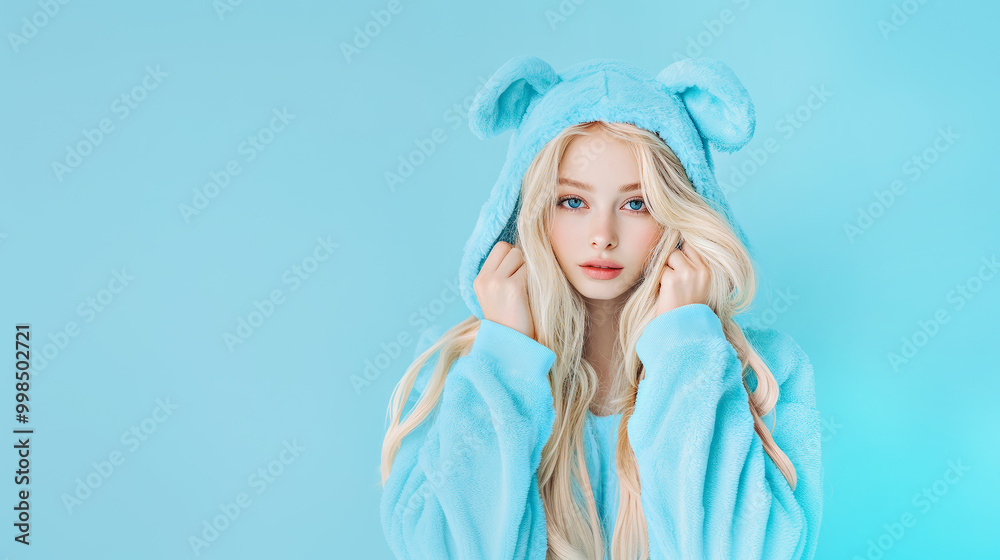 Blonde girl in stylish kigurumi kawaii pajamas. Blonde girl in stylish kigurumi kawaii pajamas.