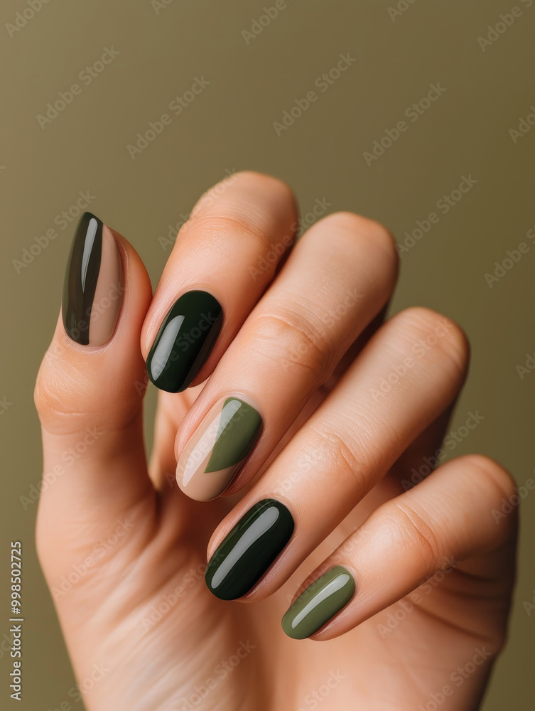 Closeup glamour woman hand with green and brown tones nail polish on her fingernails. Nail manicure with gel polish at luxury beauty salon. Nail art and design. French manicure. Calm and natural mood. Closeup glamour woman hand with green and brown tones nail polish on her fingernails. Nail manicure with gel polish at luxury beauty salon. Nail art and design. French manicure. Calm and natural mood.