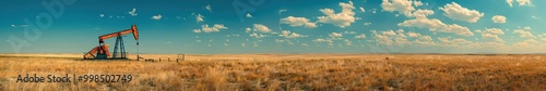 Obraz na płótnie Oil pumpjack operating in a vast Texas plain during a beautiful golden sunset. Free copy space for banner. w salonie