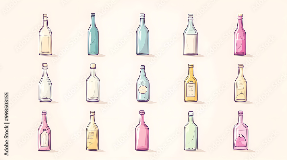 Simple pastel bottle set of icons with smooth lines and soft colors isolated on a plain background Simple pastel bottle set of icons with smooth lines and soft colors isolated on a plain background