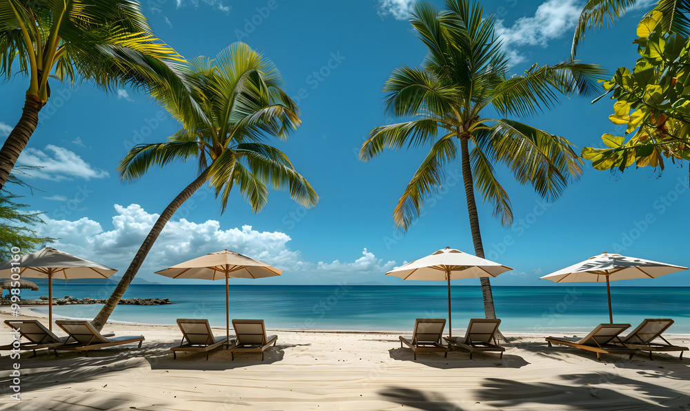 Tropical Beach Paradise with Sun Loungers and Palm Trees Tropical Beach Paradise with Sun Loungers and Palm Trees