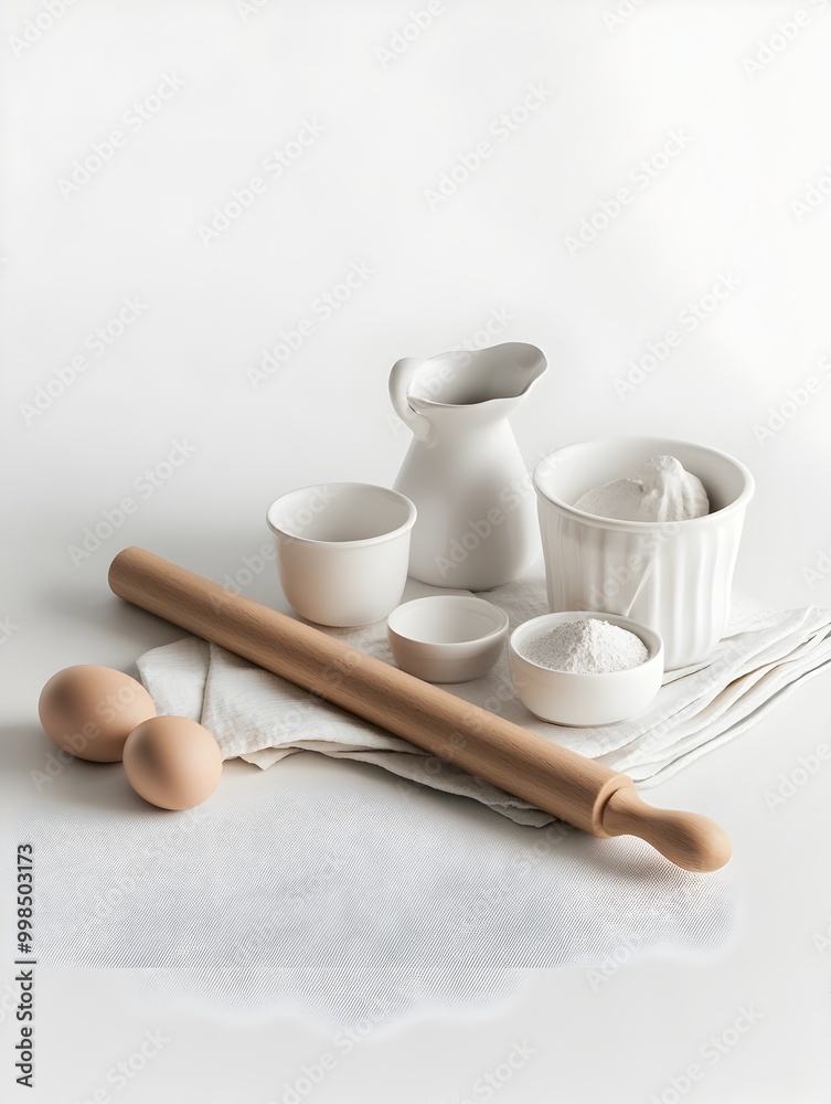 Assorted Baking Essentials on Bright White Backdrop Assorted Baking Essentials on Bright White Backdrop