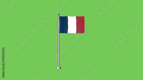 france flag animation with flagpole moving in the wind on green screen.