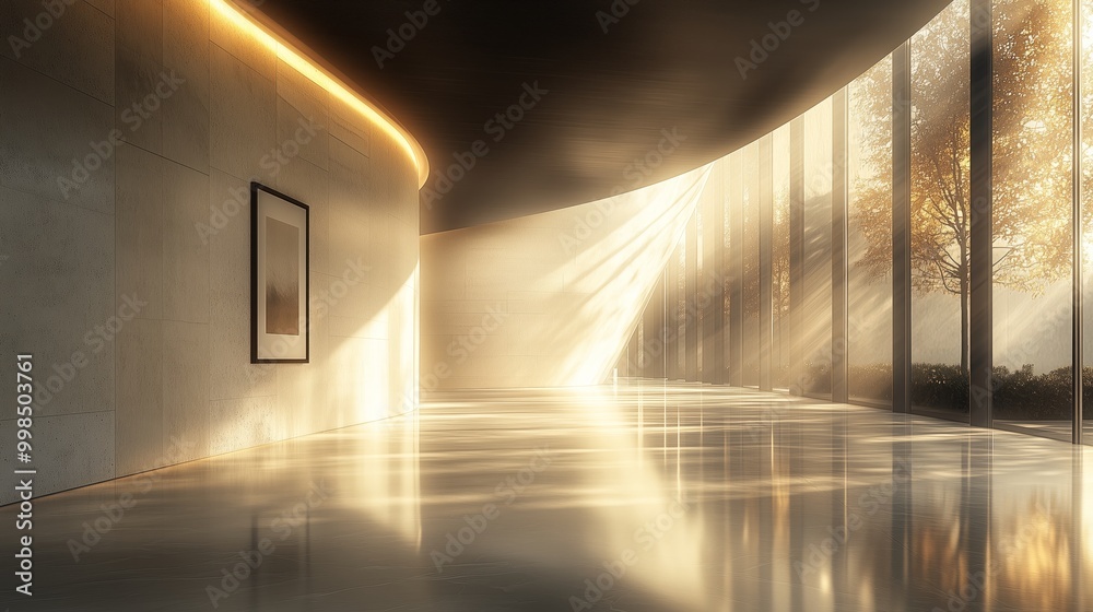 A wide, curved corridor in the lobby of an office building with walls made from white stone and floor-to-ceiling windows that let light through. A wide, curved corridor in the lobby of an office building with walls made from white stone and floor-to-ceiling windows that let light through.