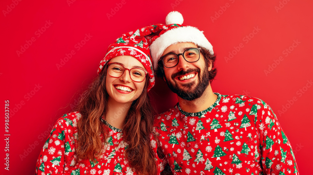 Happy couple in christmas hats and pajamas Happy couple in christmas hats and pajamas