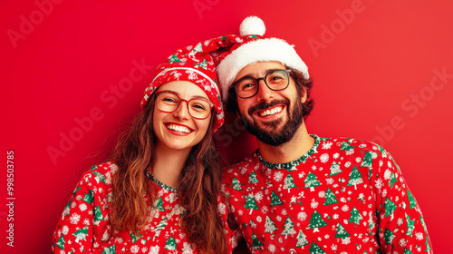 Happy couple in christmas hats and pajamas 