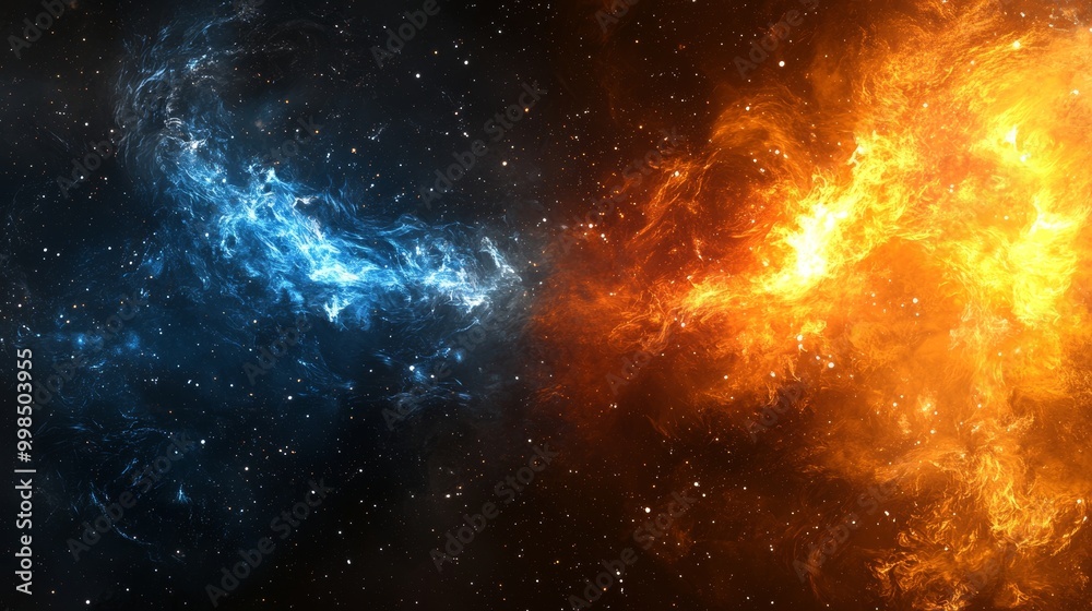The abstract illustration represents ice and fire crashing into one another as digital art backgrounds or wallpapers