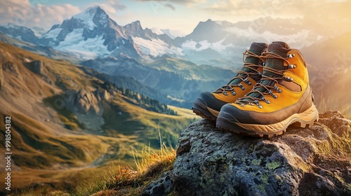 An image of hiking boots leaned against a rocky terrain while holding trekking poles.
