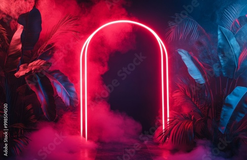 An empty room with brick walls and neon lights. Silhouettes of tropical leaves, colorful smoke.