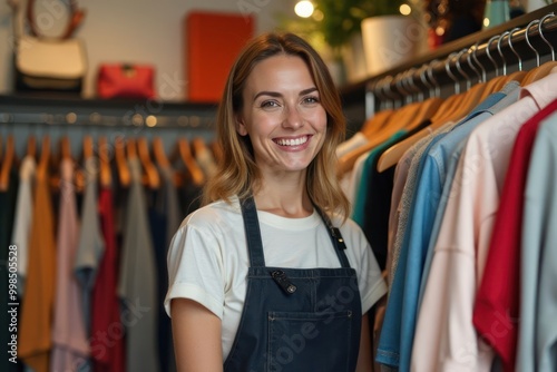 Smiling young salesgirl in uniform in a store with clothes on hangers in the background. Generative AI