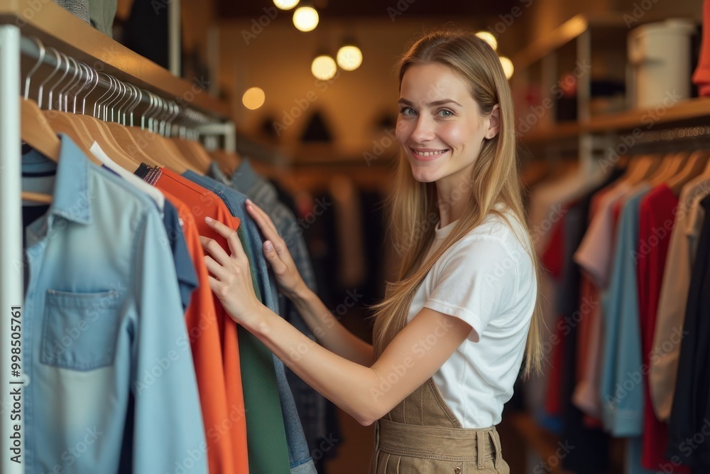 Smiling young salesgirl in uniform in a store with clothes on hangers in the background. Generative AI Smiling young salesgirl in uniform in a store with clothes on hangers in the background. Generative AI