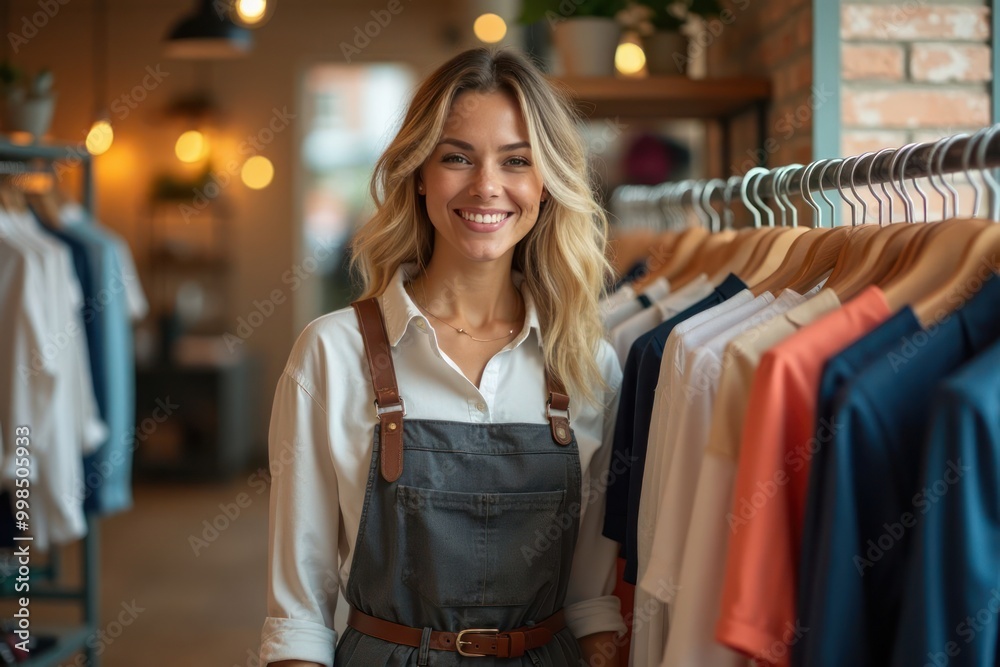 Smiling young salesgirl in uniform in a store with clothes on hangers in the background. Generative AI Smiling young salesgirl in uniform in a store with clothes on hangers in the background. Generative AI