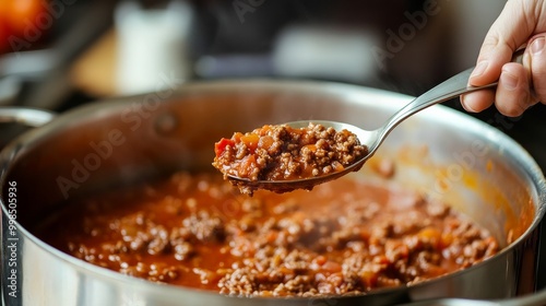 Hand Retaining a Serving Spoon of Real Bolognese Sauce: An Italian tomato and meat sauce known as ragu alla bolognese is served in a spoon over a big pot.