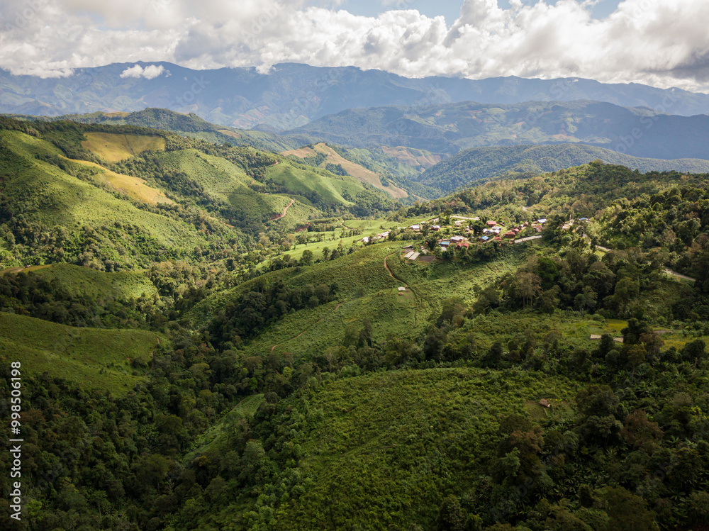 Fototapeta premium A rural road winds through a serene mountain vista, bordered by lush green forest under a blue sky at dawn in Doi Phuka National Park, Nan Province, Thailand