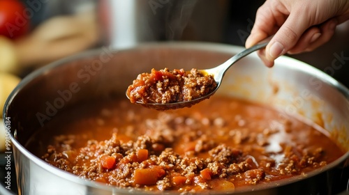 Hand Retaining a Serving Spoon of Real Bolognese Sauce: An Italian tomato and meat sauce known as ragu alla bolognese is served in a spoon over a big pot.