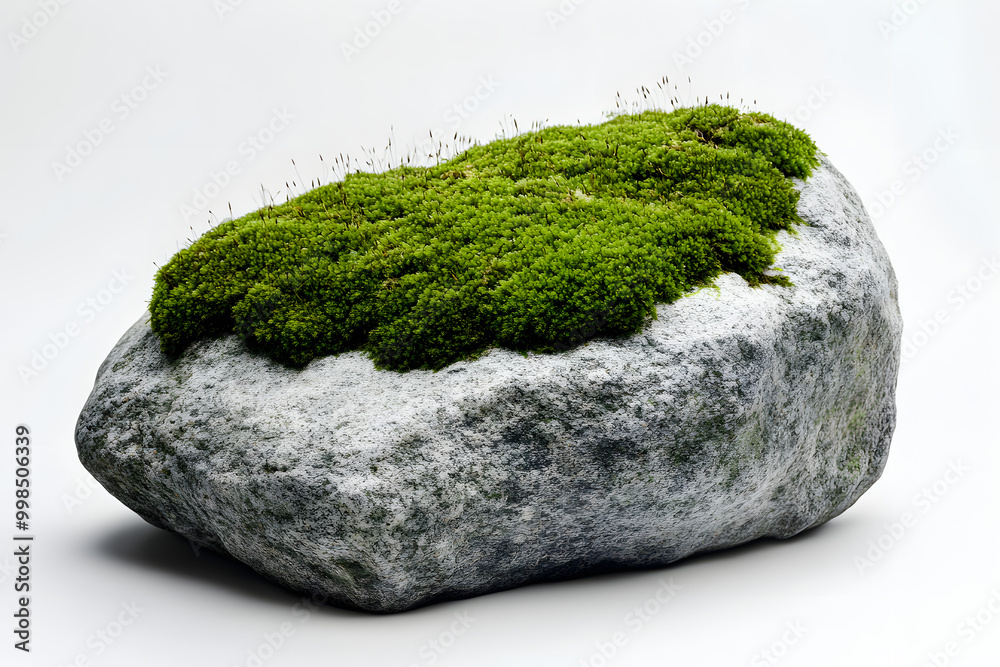 A closeup of green moss clinging to a gray stone, isolated on a white background A closeup of green moss clinging to a gray stone, isolated on a white background
