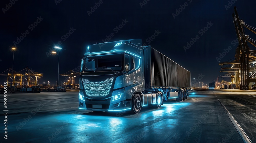 Fototapeta premium Hybrid trucks loading cargo at a shipping dock