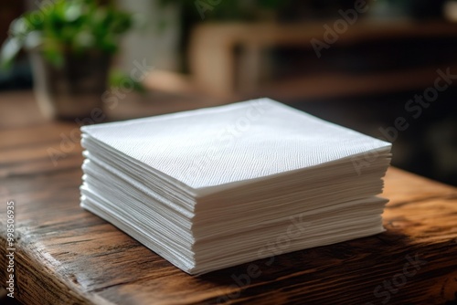 A stack of white paper napkins on a wooden table.