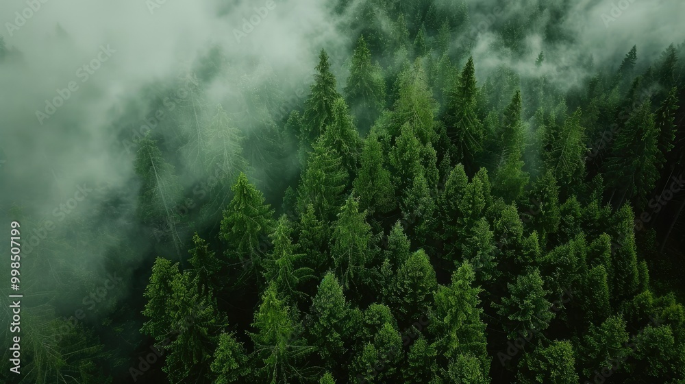Aerial view of sunrise in foggy forest Aerial view of sunrise in foggy forest