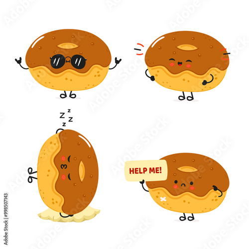 Funny Chocolate Doughnut characters bundle set. Vector hand drawn doodle style cartoon character illustration icon design. Cute Doughnut mascot character collection