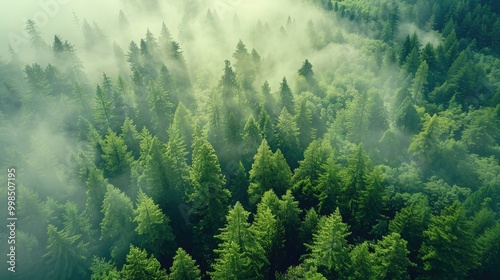 Aerial view of sunrise in foggy forest