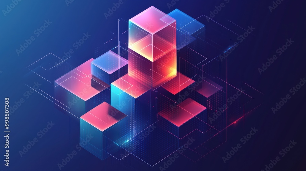 A 3D digital illustration of interconnected abstract blocks with a dark gradient background in a modern style. A 3D digital illustration of interconnected abstract blocks with a dark gradient background in a modern style.