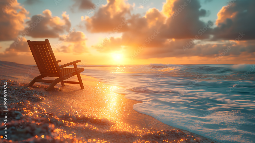 Serene Beach Sunset with Relaxing Wooden Chair Amidst Tranquil Nature Serene Beach Sunset with Relaxing Wooden Chair Amidst Tranquil Nature