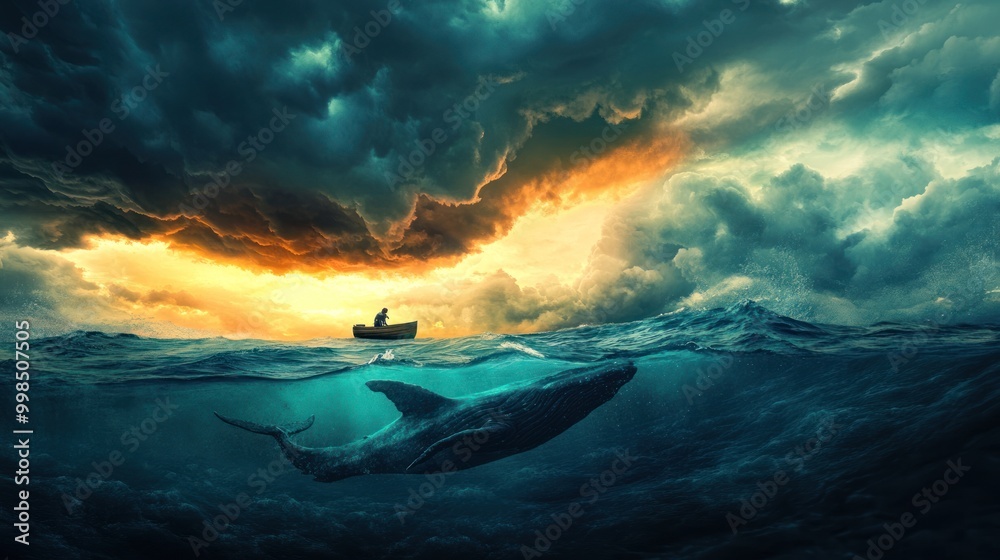 A lone boatman on the surface of the stormy sea, while a large whale swims beneath the water, illuminated by a bright, golden, and dramatic sunset. A lone boatman on the surface of the stormy sea, while a large whale swims beneath the water, illuminated by a bright, golden, and dramatic sunset.