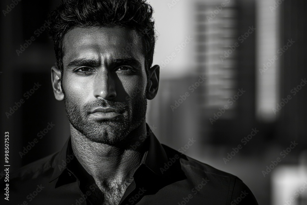 Close-up portrait of a young man with a serious expression, wearing a black shirt, in black and white Close-up portrait of a young man with a serious expression, wearing a black shirt, in black and white