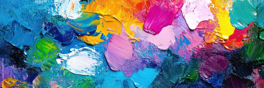 Fototapeta premium Colorful paint splashes on a palette and brushes poised to craft abstract designs on a canvas filled with artistic expression. Generative AI