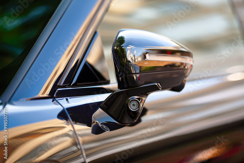 Obraz na płótnie Car advanced side view camera system integrated into the door side mirror, enhanced blind spot detection and rear visibility. Car side mirror with blind spot monitoring closeup w salonie
