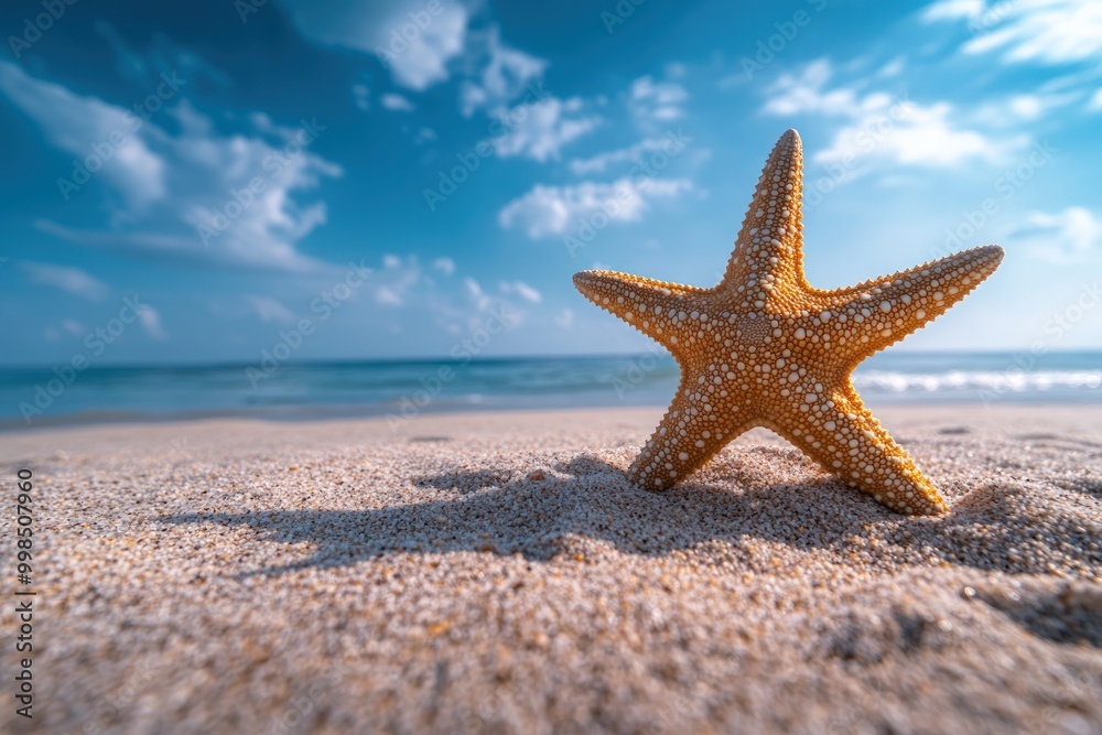 A starfish on a sandy beach with blue sky and ocean in the background. A starfish on a sandy beach with blue sky and ocean in the background.