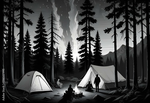 Wallpaper Mural A black and white illustration depicting a camping scene with a tent surrounded by pine trees in the foreground Torontodigital.ca