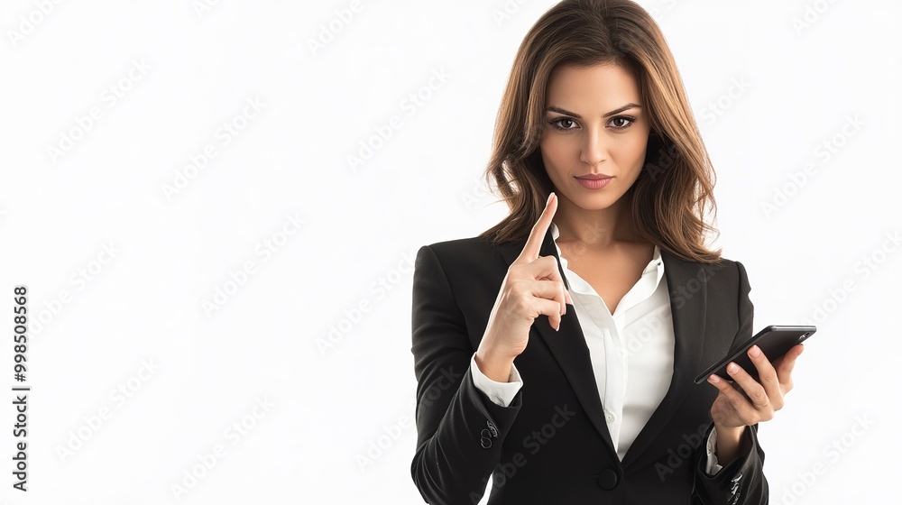 Businesswoman in a formal outfit using a mobile phone application, pointing at the smartphone screen with a focused expression, isolated over a white background Businesswoman in a formal outfit using a mobile phone application, pointing at the smartphone screen with a focused expression, isolated over a white background