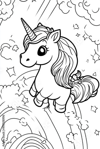 A cheerful unicorn with a flowing mane is depicted flying through clouds and a rainbow in this whimsical illustration.